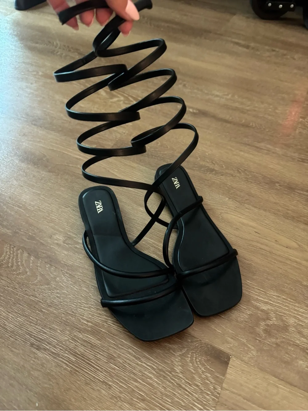 Zara Black Spiral Lace-Up Square-Toe Flat Sandals